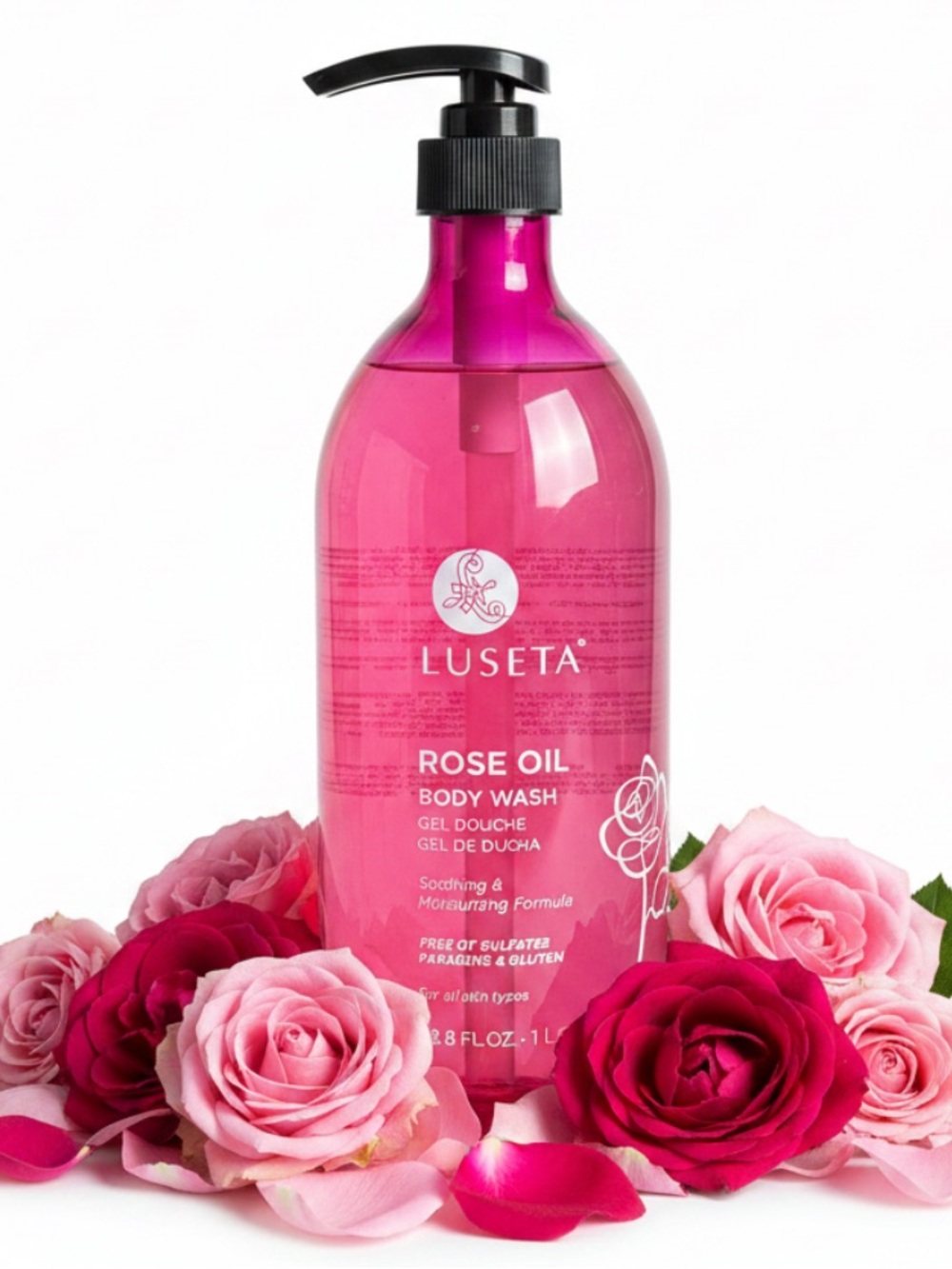 NWT LUSETA Rose Oil Body Wash 33.8 fluid oz.